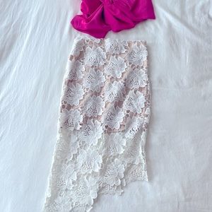 Rumor Boutique A-symmetrical nude mini skirt with eyelet overlay. Size Small
